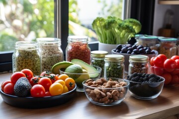 Wall Mural - Gluten-Free Vegan Meal Spread Highlighting Fresh Organic Produce on a Rustic Setup