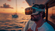 © A B design - Man with Virtual Reality glasses, and casual clothes enjoying on sailing boat and looking happy. Travelling and Enjoying