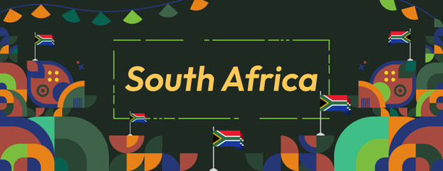 Wall Mural - South Africa National Independence Day wide banner. Modern geometric abstract background in colorful style for South Africa day. South African Independence greeting card cover with country flag.
