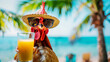 Funny rooster in a straw hat and sunglasses on the ocean shore