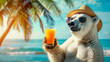 Polar bear in a straw hat and sunglasses on the ocean shore with a cocktail on a sunny summer day.