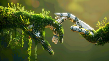 Wall Mural - robot hand and natural hand covered with grass reaching toward each other, technology and nature joi