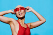 Woman asian swimwear red blue beauty sunglasses fashion portrait smiling emotion