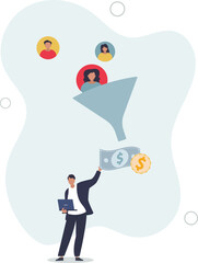 Wall Mural - marketing funnel to pull potential customer and convert to sales.advertising analysis .flat vector illustration.