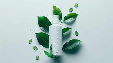 Wall Mural - A white plastic matte cosmetic bottle with a few drops of dew on it, is surrounded by green leaves. Generated by artificial intelligence.