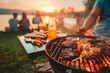 closeup of a barbecue with skewers and a blurred background of people having fun
