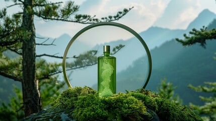 Wall Mural - A bottle of green water facial toner stands on moss, surrounded by pine trees and mountains in the background featuring Japanese elements. Generated by artificial intelligence.