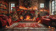 Festive living room with fireplace decorated for christmas. Generative AI