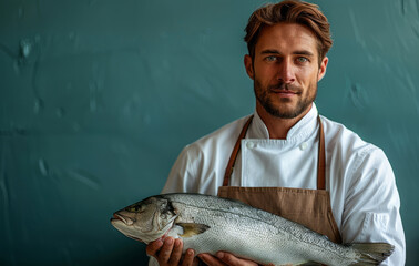 Wall Mural - A man is holding a fish in his hand. He is wearing a white chef's uniform and a brown apron