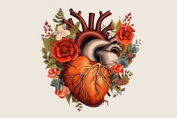 Wall Mural - Graphic illustration with anatomic heart and flowers. Poster design healthy in hospital