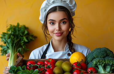 Wall Mural - A woman wearing a chef's hat is holding a basket of vegetables, including broccoli, tomatoes, and oranges