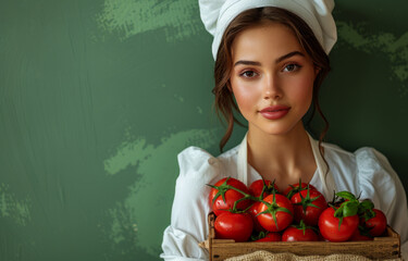 Wall Mural - A woman wearing a chef's hat and apron is holding a basket of tomatoes. She has a bright smile on her face, and the basket of tomatoes is overflowing.