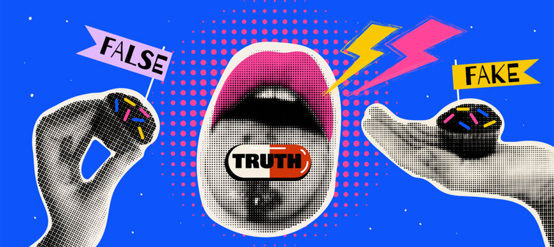Halftone collage False, Truth information. Choose the truth vector illustration. Fake news concept