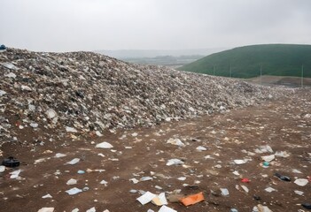 Wall Mural - A large landfill with various types of waste under an overcast sky
