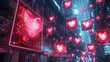 a futuristic romance blossoming amidst floating digital displays of heartfelt messages