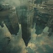 In a dystopian cityscape, depict a towering, ominous skyscraper reflecting shattered societys psyche