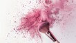 © Ailee Tian - A makeup brush with pink powder on it, flying in the air, with a white background and wood handle. Generated by artificial intelligence.