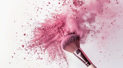 A makeup brush with pink powder on it, flying in the air, with a white background and wood handle. Generated by artificial intelligence.