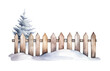 Watercolor wooden fence in snow with pine tree isolated on white background.