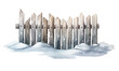 Watercolor winter snow-covered fence isolated on white background.