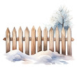 Watercolor winter snow-covered fence isolated on white background.  
