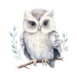Watercolor owl perched on a branch, surrounded by foliage, isolated on white background.