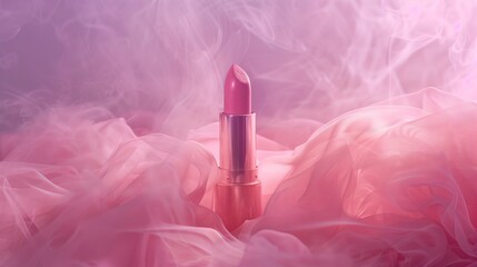 Wall Mural - A pink lipstick lying on pink fabric, smoke around it. Generated by artificial intelligence.