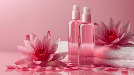 Wall Mural - Two bottles of body lotion surrounded by pink lotus flowers next to a soft towel on a solid color background. Generated by artificial intelligence.