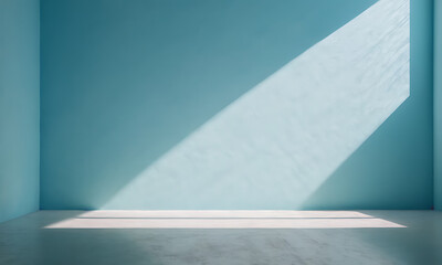 light blue empty room with window and sun rays coming through window 