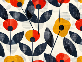Wall Mural - A colorful geometric floral pattern with a variety of flowers and leaves. Retro Scandinavian style.