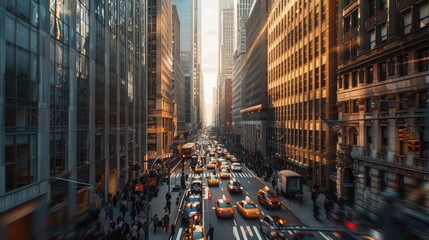 Wall Mural - A panoramic view of a bustling financial district, with towering skyscrapers and busy streets filled with professionals in business attire, capturing the energy and dynamism of urban commerce.