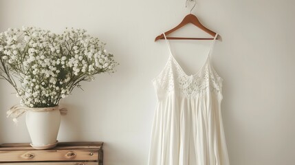 Wall Mural - White dress mockup, a dress hanging from a wood hanger, white wall background