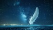 A single white feather floating in the night sky over a city.