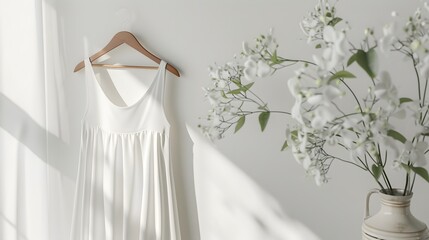 Wall Mural - White dress mockup, a dress hanging from a wood hanger, white wall background