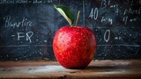 Fototapeta  - A red apple sits on a wooden table in front of a blackboard.