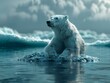 A polar bear standing on a melting ice floe in the middle of the Arctic Ocean.