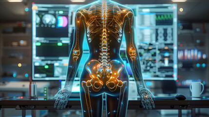 Wall Mural - Illustration of orthopedic analysis technology, a pelvis and body scan of a female