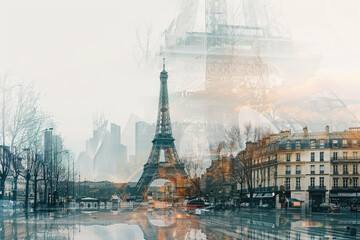 Eiffel Tower and Paris France, Double Exposure Minimalist Collage Art