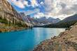 Alpine lake in mountains. Moraine Lake in Banff National Park, Canadian Rockies, Alberta, Canada.