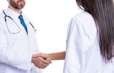 Wall Mural - medical promotion of doctor isolated on white. doctor handshake with colleague. healthcare insurance. greeting colleague with promotion in hospital. promotion deal. good job