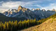 Epic panorama view at sunrise of scenic alpine landscape of The Valley of the 10 Peaks in the Rocky Mountains of Banff National Park, Alberta, Canada.