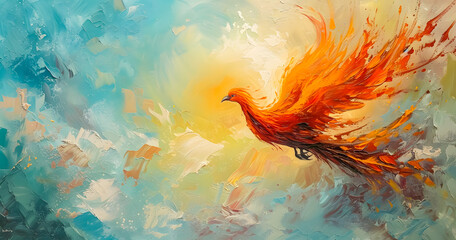 abstract painting of a burning phoenix bird flying in a blue sky full of clouds. abstract background. Phoenix fire wallpaper