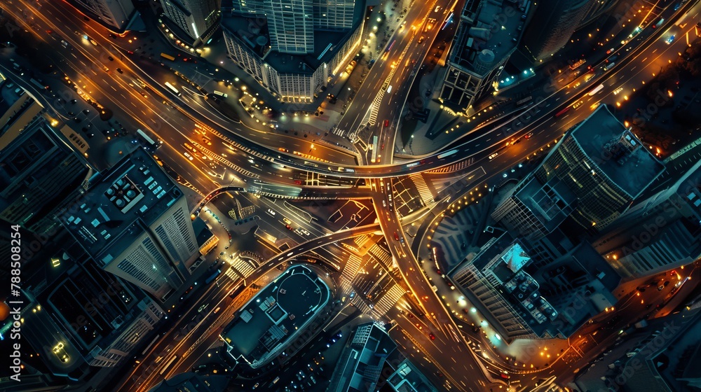 A nighttime aerial view of a cityscape featuring a sprawling maze of twinkling lights from moving cars traveling down the empty streets