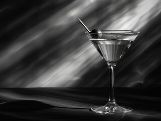 Noir scene of a martini glass, olive skewer casting a long shadow, moody and monochrome lighting