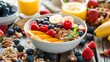 Healthy breakfast with muesli, berries and juice on wooden background