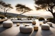 an elegant outdoor setting with chic poufs, offering both comfort and aesthetics under the open sky.
