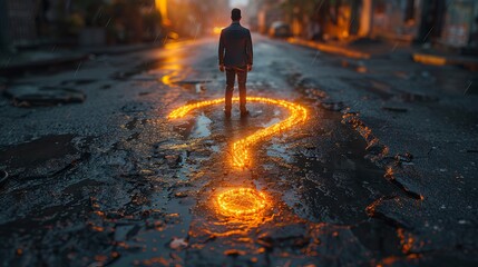 Business person looking at road with question mark sign concept