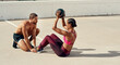 Medicine ball, outdoor and practice for woman, balance and training in gym, workout and fitness for body. Sports, athlete and personal trainer for strength, wellness and building of muscle for sport