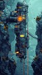 Create a pixel art representation of deep-sea cable repair, focusing on the intricate details of the machinery and tools used by the technicians and robots Incorporate a sense of depth and motion in t