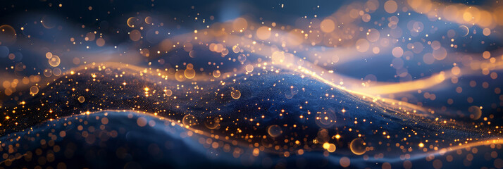 Canvas Print - 	
Abstract background with golden glitter and blue wave of light, beautiful abstract dark blue background with bokeh light Abstract background with glowing particles	
